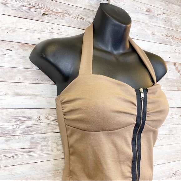 WINDSOR Brown Sweatheart Neckline Zipper Front Halter Crop Trop - Picture 5 of 8